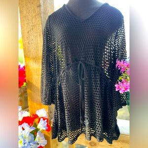 SJS Plus Black Mesh Open Weave Drawstring Waist Hoodie Swim Cover-Up 1X NWT